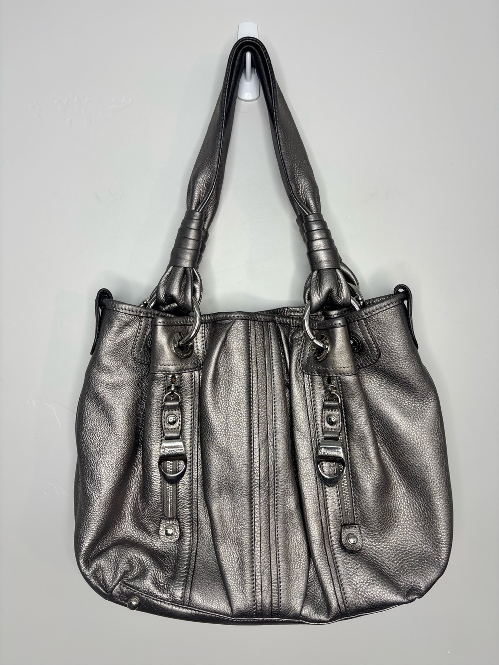 B. Makowsky Metallic Pewter Leather Shoulder Bag